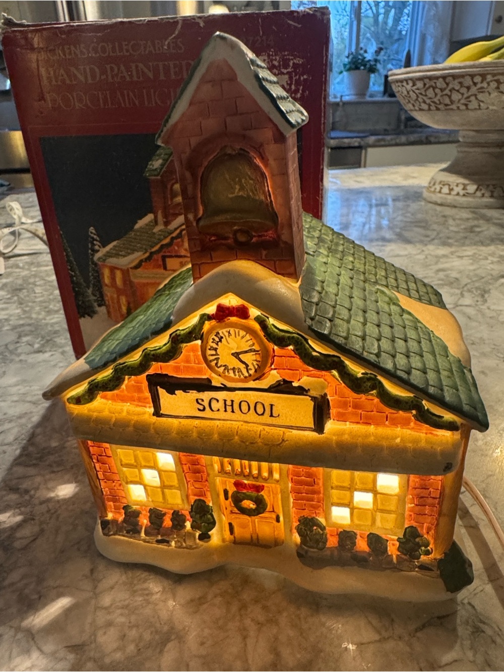Hand-Painted Porcelain Holiday School House Light - Green and Cream